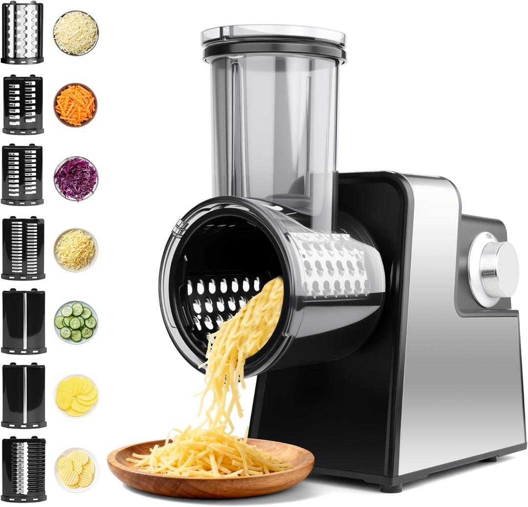 Electric Cheese Grater 7 in 1, Stainless Steel Salad Shooter, Food Slicer Shredder Chopper with Rotary Switch, 300W, for Block Cheese Vegetables Cucumber Carrots