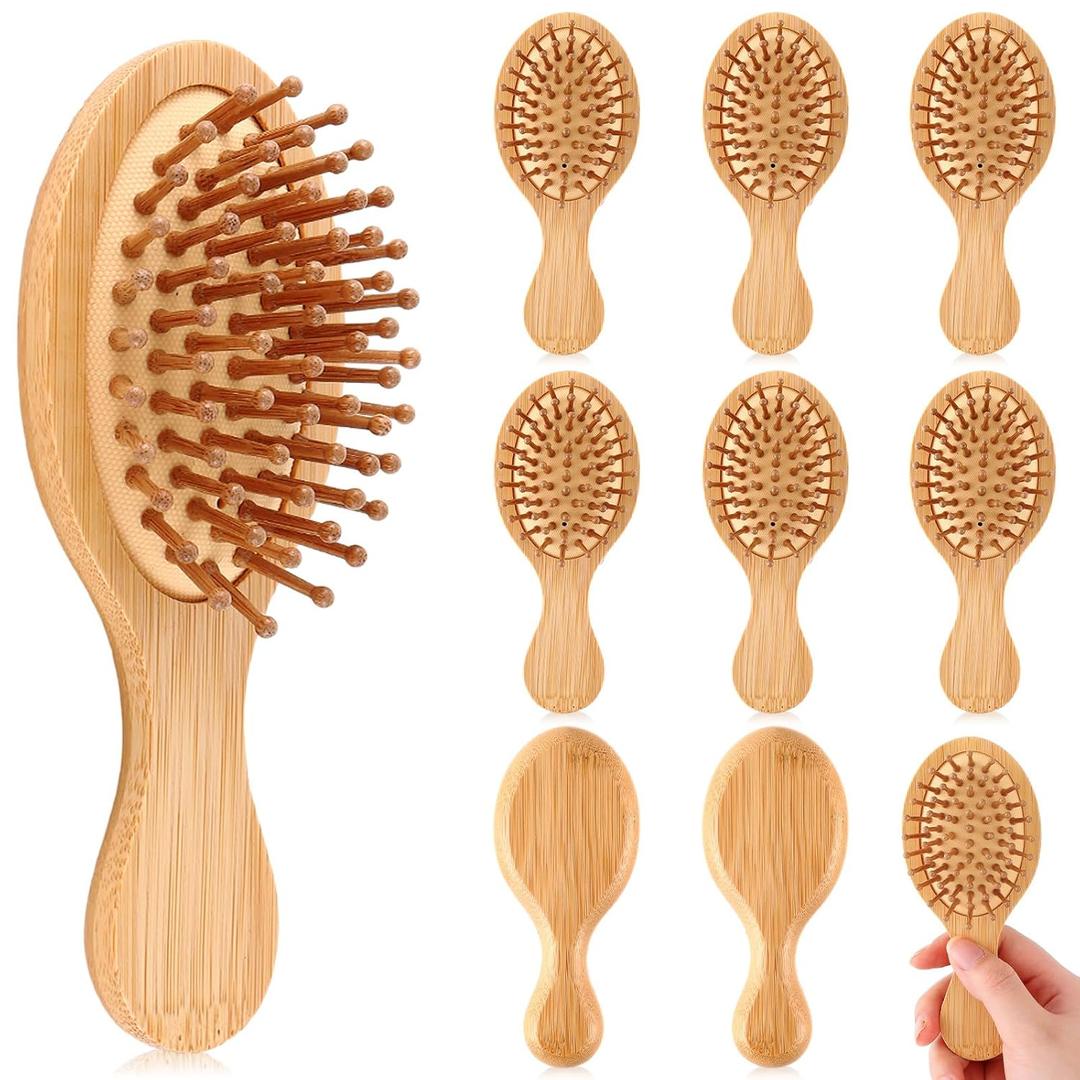 Mini Bamboo Hair Brush Bulk Wooden Travel Small Hairbrush Massage Scalp Detangling Pocket Brush for Easter Basket Stuffer Bridesmaid Party Favors(10 Pack,Oval)