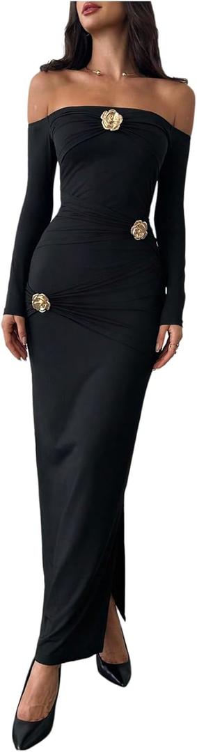 GORGLITTER Women's Flower Off The Shoulder Bodycon Maxi Dress Long Sleeve Ruched Dresses Wedding Guest Going Out Dress (Large, Black)