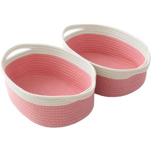 JMvicyroam Woven Basket,Small Rope Storage Bin with Handles & Ribbon Bag, Organizer for Shelves Closets,Gift Basket Empty for Birthday,Books,Dog Toys, White&Pink/2 Pack