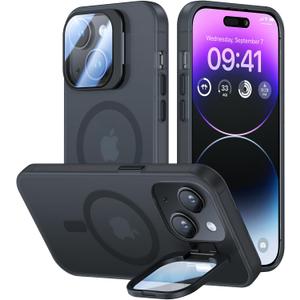 VOFATA for iPhone 14 Plus Case with Camera Cover Stand [Built-in 9H Camera Lens Protector][Fit for Magsafe] Military Grade Shockproof Translucent Matte Magnetic Phone Case 6.7",Black