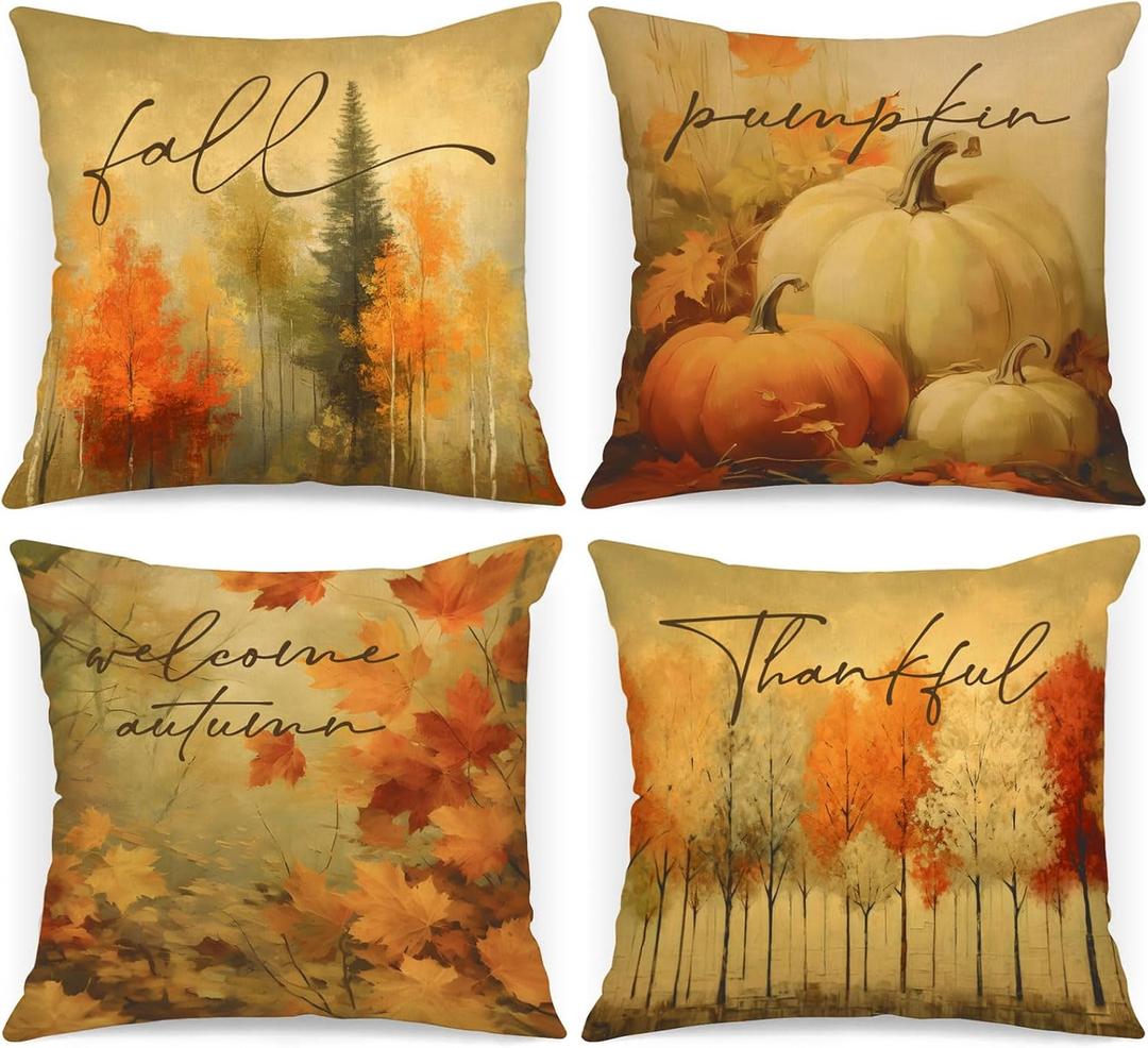 Benjia Fall 12x12 Throw Pillow Covers Set of 4, Watercolor Forest Pumpkin Decorative Holiday Pillow Case 12 x 12 Autumn Cushion Covers Thanksgiving Pillowcase for Indoor Home Bedroom Couch Sofa Decor