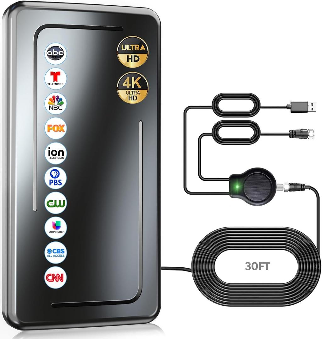 1900+ Miles Range Digital Antenna for Smart TV Indoor, 2025 Upgraded TV Antenna Indoor, Support 8K 4K 1080p - 30ft Coax Cable - PP18P