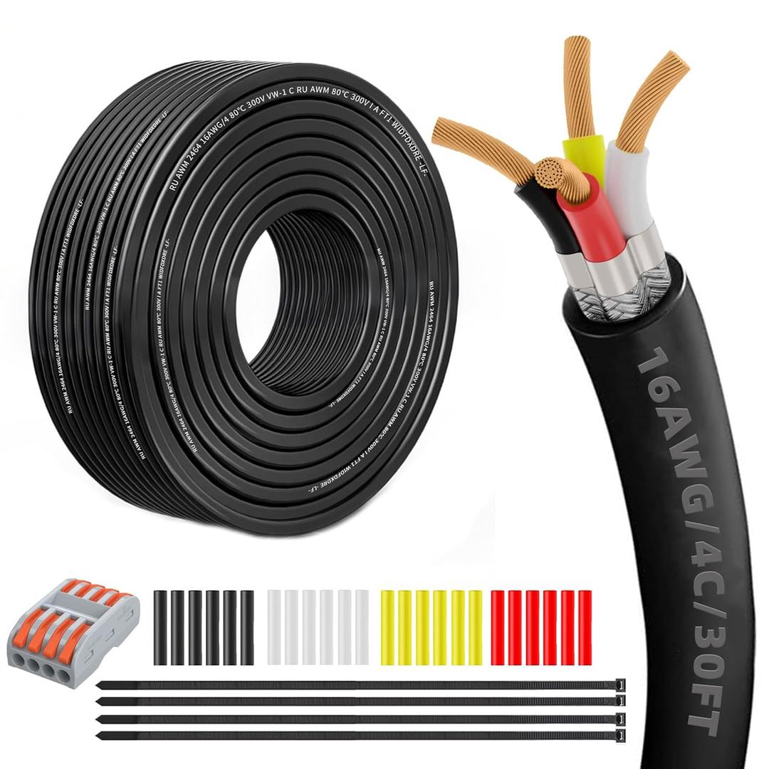 16 Gauge 100% Pure Copper 4 Conductor 16/4 Flexible Shielded Wire 30FT, UL2464 16AWG 4 Core EMI/RFI Shielding Shielded Cable for Automotive, 3D Printer,CNC VFD Spindle, Stepper Motor, Sound, Speaker