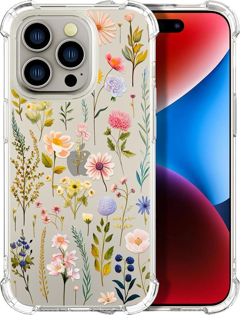 Compatible for iPhone 15 Pro Max Cases with Design, Cute Transparent Designer Phone Case for Women Girls Girly with Heavy Duty Protective Bumper (Clear Watercolor Floral)