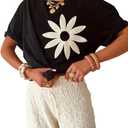 Women's Loose Fit Short Sleeve T-Shirt with Crochet Daisy Solid Color Casual Tops for Daily Wear (Black, M)