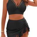 Women High Waisted Bikini Sets Tummy Control Two Piece Bathing Suit Mesh Petal Cutout Swim Skirt (Black, L)
