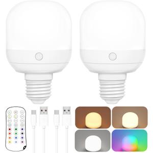 Yochoice 2-Pack Rechargeable Battery Operated Light Bulb with Remote Control, E26 Battery Powered Dimmable Light Bulb with 3 Color Temperatures + 12 RGB Colors, Detachable LED Bulb for Wall Sconce