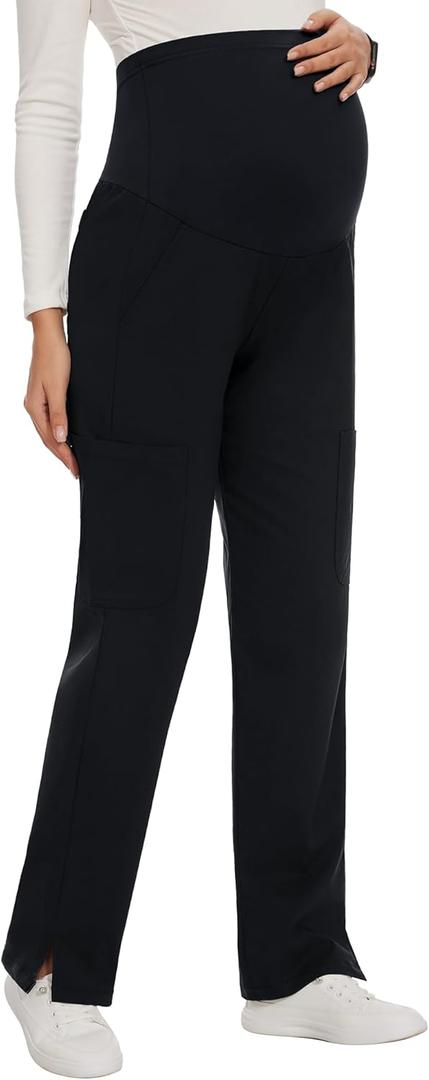 AMPOSH Women's Maternity Scrub Pants with 6 Pockets Stretchy Straight Leg Pregnancy Workwear (Black), S