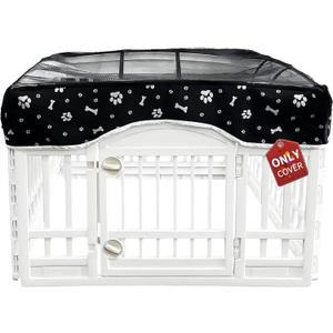 PJYuCien Dog Playpen Mesh Top Cover, Fits 36 Inch 4 Panels Regular Square Plastic Exercise Pet Pen, Adhesive Tape Connections, Black Paw (Cover Only, Fence Not Included)