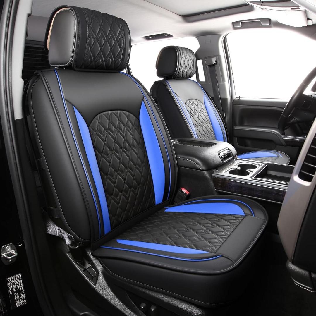 JOJOBAY Chevy Silverado Seat Covers,Leather Seat Covers for GMC Sierra,Custom Fit 2007-2026 1500 2500HD 3500HD Crew Double Extended Regular Cab,LT LZT RST(Full Set,Black Blue)