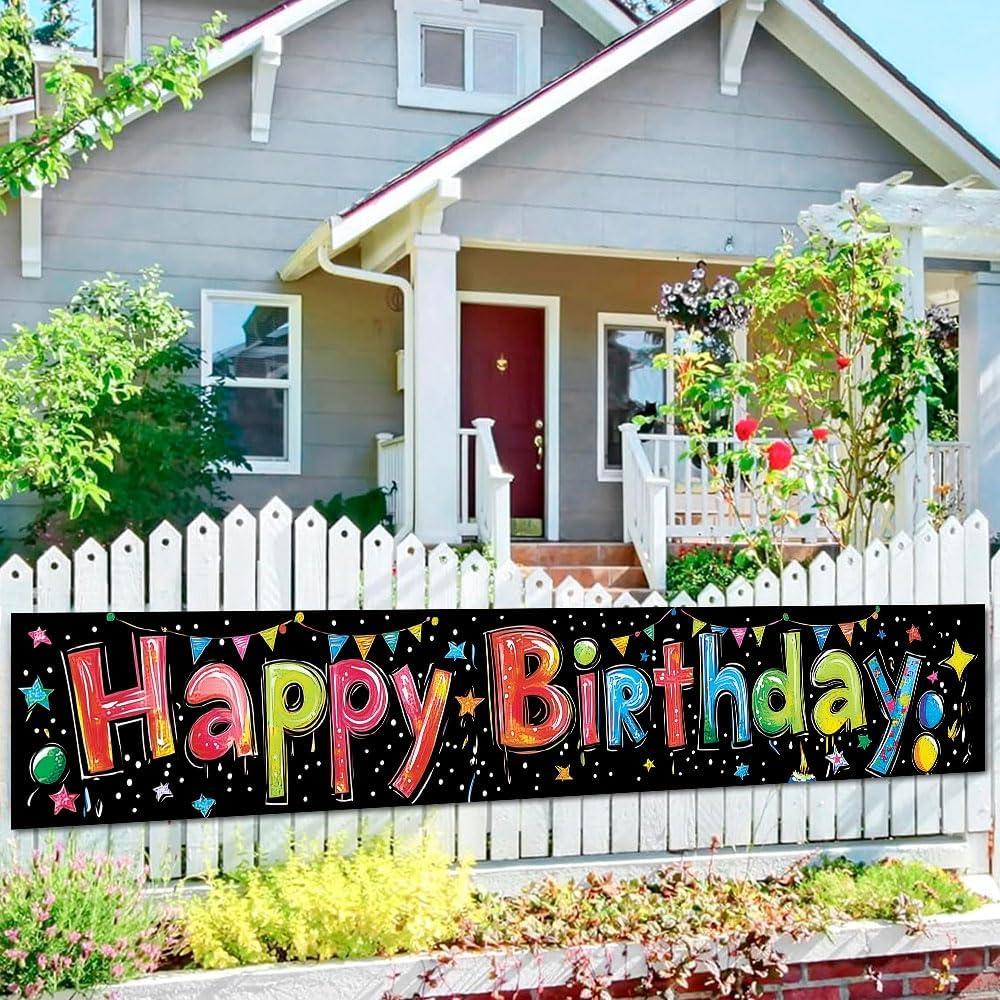 Happy Birthday Banner Party Decoration Supplies 118x20 Inches Neon Lights Music Notes Balloons Gifts Colorful for Birthday Party Kids Celebration Event Outdoor Yard Wall Decor