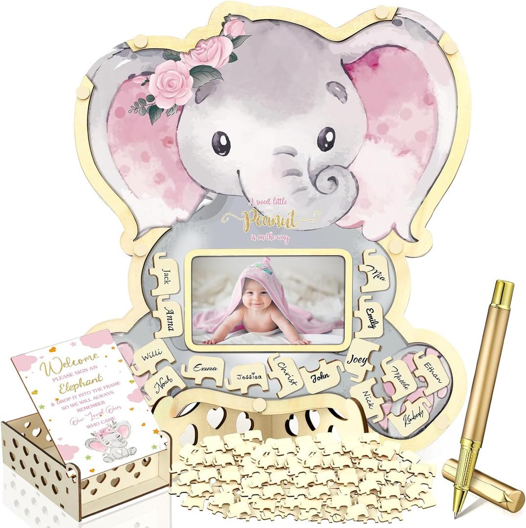 Wenqik 63 Pcs Pink Elephant Baby Shower Guest Book Alternatives Set Baby Shower Decorations with Photo Frame Sonogram Frame Keepsake 60 Wood Slices Guest Book for Birthday