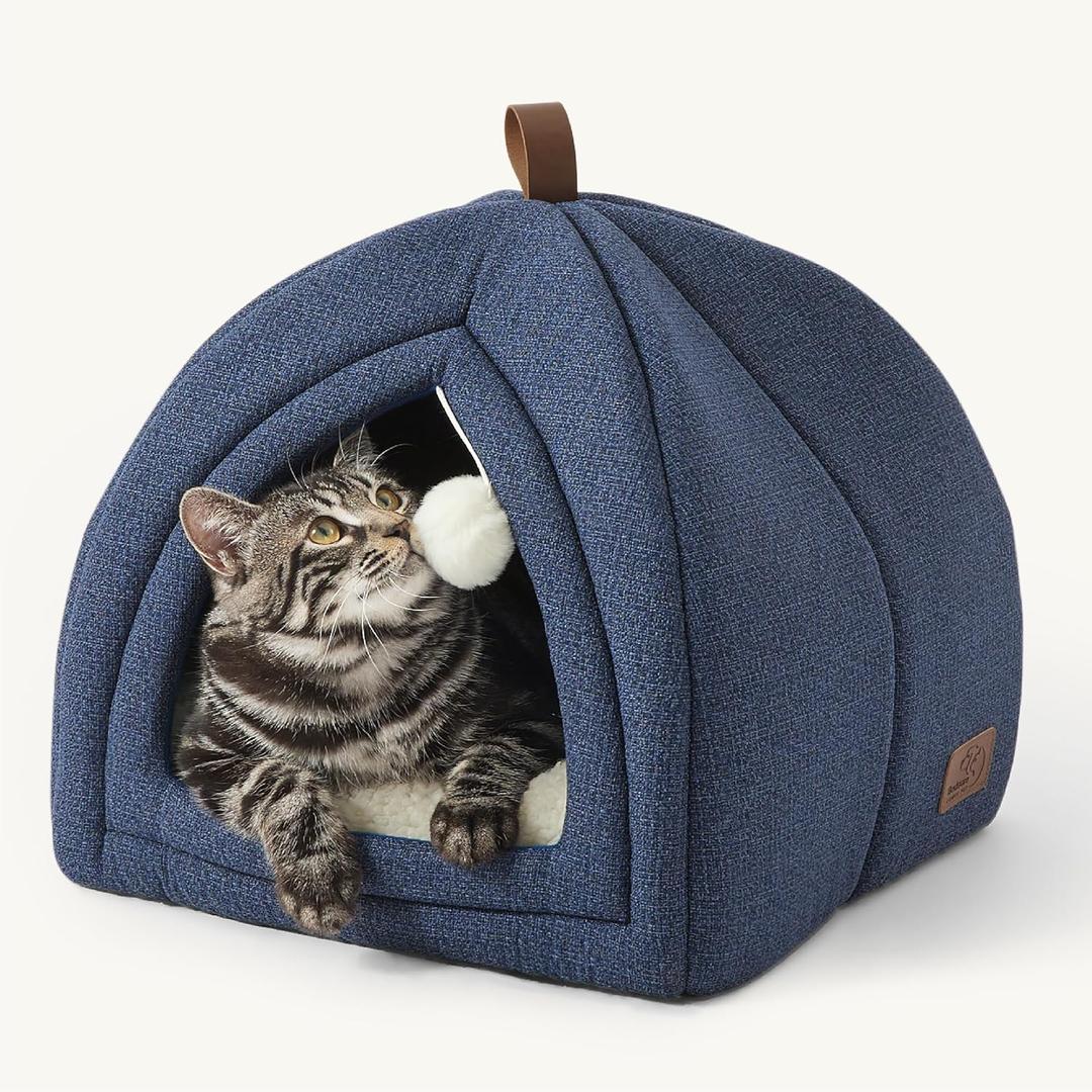 Bedsure Cat Beds for Indoor Cats - 2 in 1 Cat Cave House Tent for Kittens and Small Pets with Removable Washable Cushioned Pillow, Foldable Kitten Hideaway with Non-Slip Bottom, Navy, 16 inches
