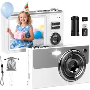 Digital Camera, 64MP 4K Camera for Kids with 2.8" IPS Screen, 64GB SD Card and 16X Digital Zoom Anti Shake, Point and Shoot Compact Camera, Compact Portable Small Gift for Boys Girls Students (White)