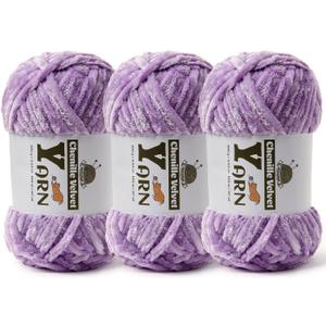 3 Pack Plush Chenille Chunky Yarn - Fluffy Velvet Yarns Crochet for Blanket Knitting and Crocheting - Soft Baby Yarn for Crocheting - Amigurumi Crochet Yarns 100g (87yds) (3 Pale Purple)