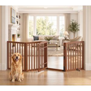 Homykic Dog Gate Indoor with Door, 88" W Bamboo Pet Gate, 30”H, Walnut