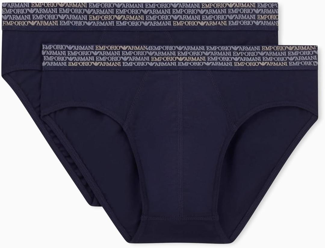 Emporio Armani Men's All Over Logo Elastic 2 Pack Brief, Armani Blue/Armani Blue, X-Large