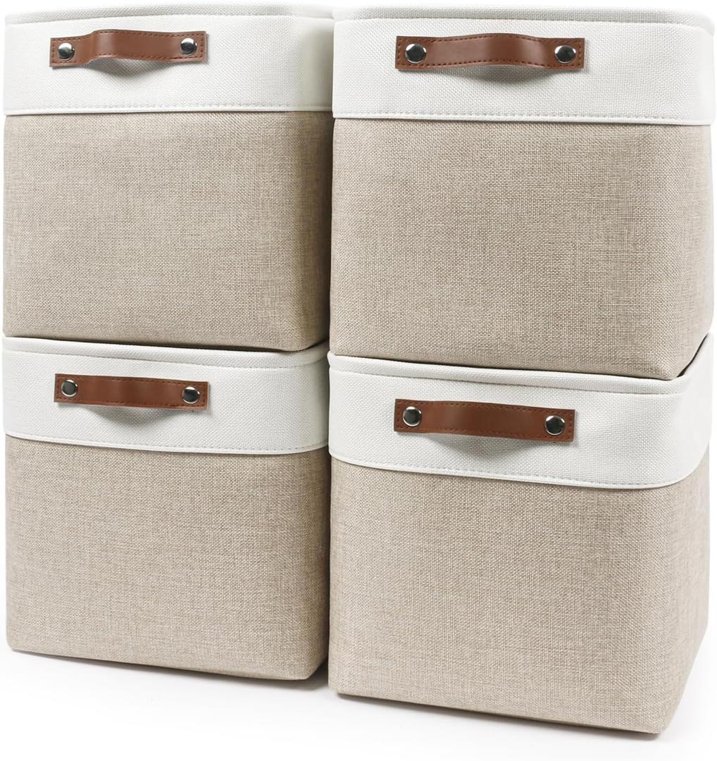 Collapsible Fabric Storage Cubes 11x11 Cube Storage Bins, 4 Pack Closet Baskets Box with Handles for Organizing, Shelf, Toys, Clothes, Home, Office, Nursery (Beige&White)