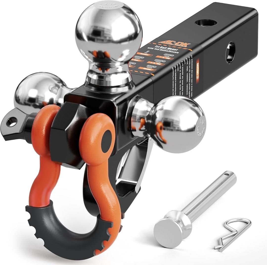 AC-DK Tri Ball Mount Trailer Hitch with Pin,Tow Hook & Clevis Shackle, Fits 2 inch Receiver with 2-5/16", 2", 1-7/8" Hitch Ball, Black