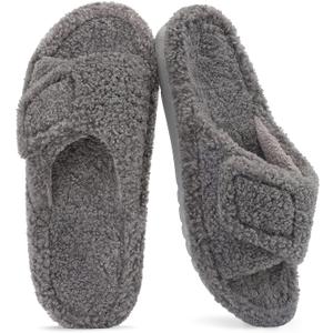 Litfun Womens Fuzzy Arch Support Slippers Orthopedic Comfy Adjustable Open Toe House Shoes (6.5-7, Grey)