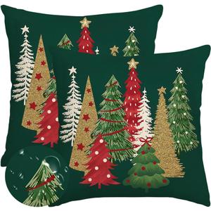 RABUSOFA Christmas Decor Pillow Covers 20x20 Inch Outdoor Waterproof Tree Christmas Decorations Dark Green Throw Pillow Cases Xmas Winter Decorative Pillows for Couch Holiday Gold