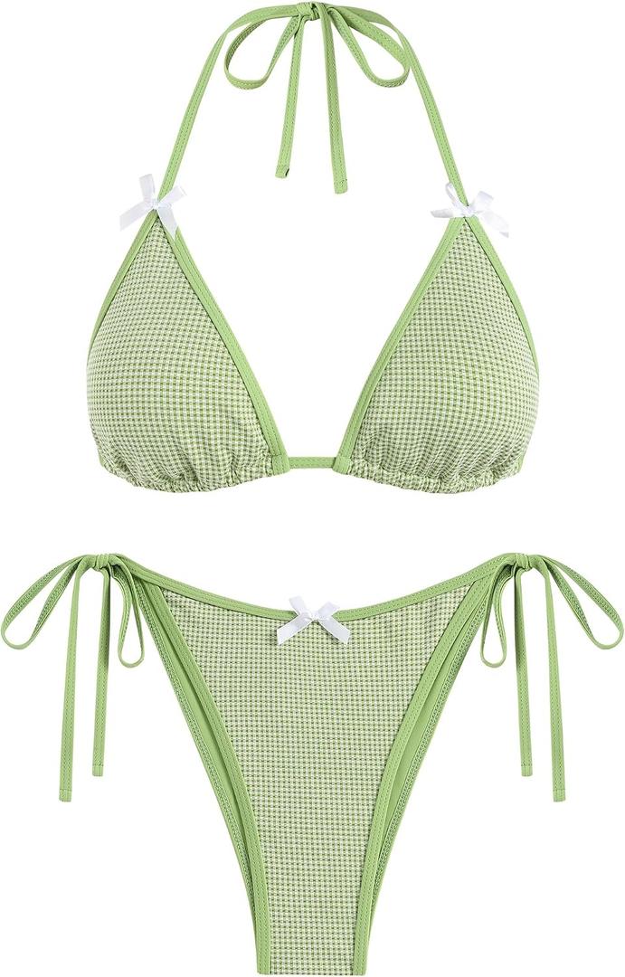 ZAFUL Bikini Sets for Women Halter Bow Decor Tiny Floral Gingham Print Swimsuit Tie Side 2 Pieces Bathing Suit (Green, XS)