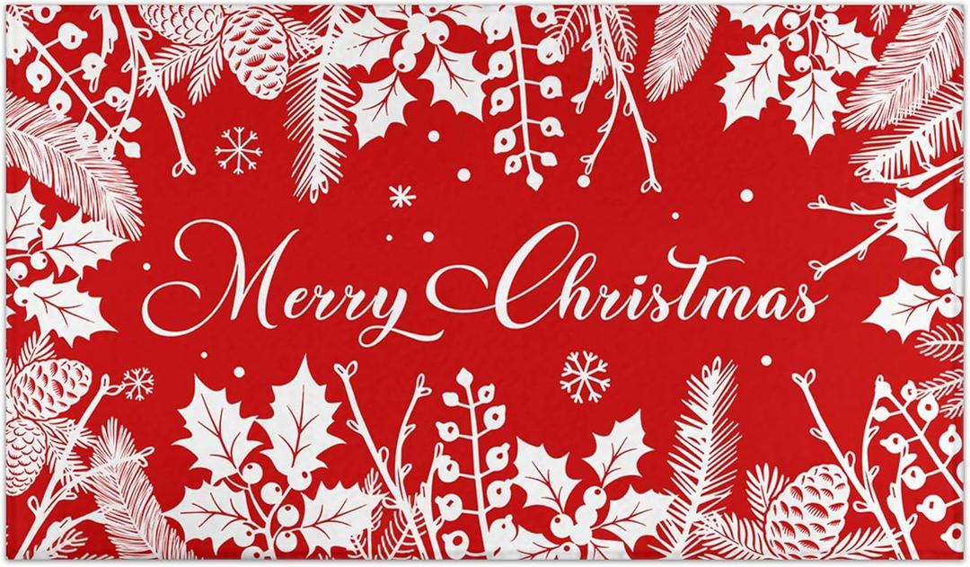 Red Christmas Doormat Outdoor Entrance Rug Non-Slip Holly Pine Branches Pinecones Front Door Mat Merry Xmas Decor Washable Winter Welcome Doormat 17"x30" Christmas Decorations for Home Indoor Outdoor (1'5" x 2'6" (Rectangular))