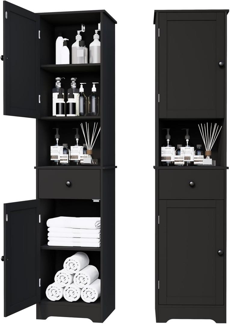 Tall Bathroom Cabinet, Storage Cabinet with 2 Doors & 2 Drawer, with Adjustable Shelve, for Bathrooms, Kitchens, Entrances, Bedrooms, Black