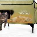 Large Heated Outdoor Cat House for Outside Winter, Insulated Weatherproof Cat Shelter with Slanted Roof, Escape Door & Heating Pad, Elevated Kitty Bed Feral Cat House for Outdoor Cats Stray Barn Cat