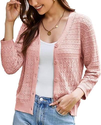 GRACE KARIN 2025 Women's 3/4 Sleeve Crochet Knit Button Down Cardigan Cropped Shrug Bolero Lightweight Sweaters Tops Large, Pink  GRACE KARIN 2025 Women's 3/4 Sleeve Crochet Knit Button Down Cardigan Cropped Shrug Bolero Lightweight Sweaters Tops Large, Pink