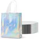 PACKINNO 50 Pcs Holographic Gift Bags 8x4x10 Inch, Iridescent Reusable Tote Bags with Handles & Sturdy Base, for Birthday Christmas Party Favors Goodie Bags