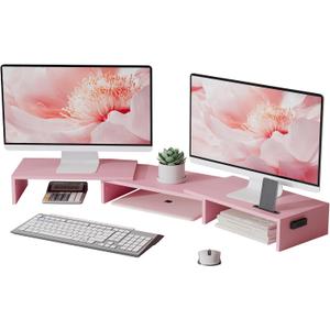 BONTEC Dual Monitor Stand Riser with Smartphone Holder, Adjustable Length & Swivel Angle, Ergonomic Wooden Desktop Organizer for PC Monitor, Laptop, Printer, Large Storage, Pink