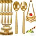 24 Pcs Gold Plastic Serving Utensils Set - Heavy Duty Disposable Serving Spoons, Forks & Tongs (8 of Each) - BPA-Free Catering Supplies for Buffets, Parties, Weddings & Events (9 Inch)