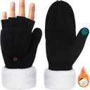Coume Fingerless Gloves Mitten for Women Knitted Fleece Winter Thick Warm Touch Screen Convertible Flap Half Finger Adult (Black)