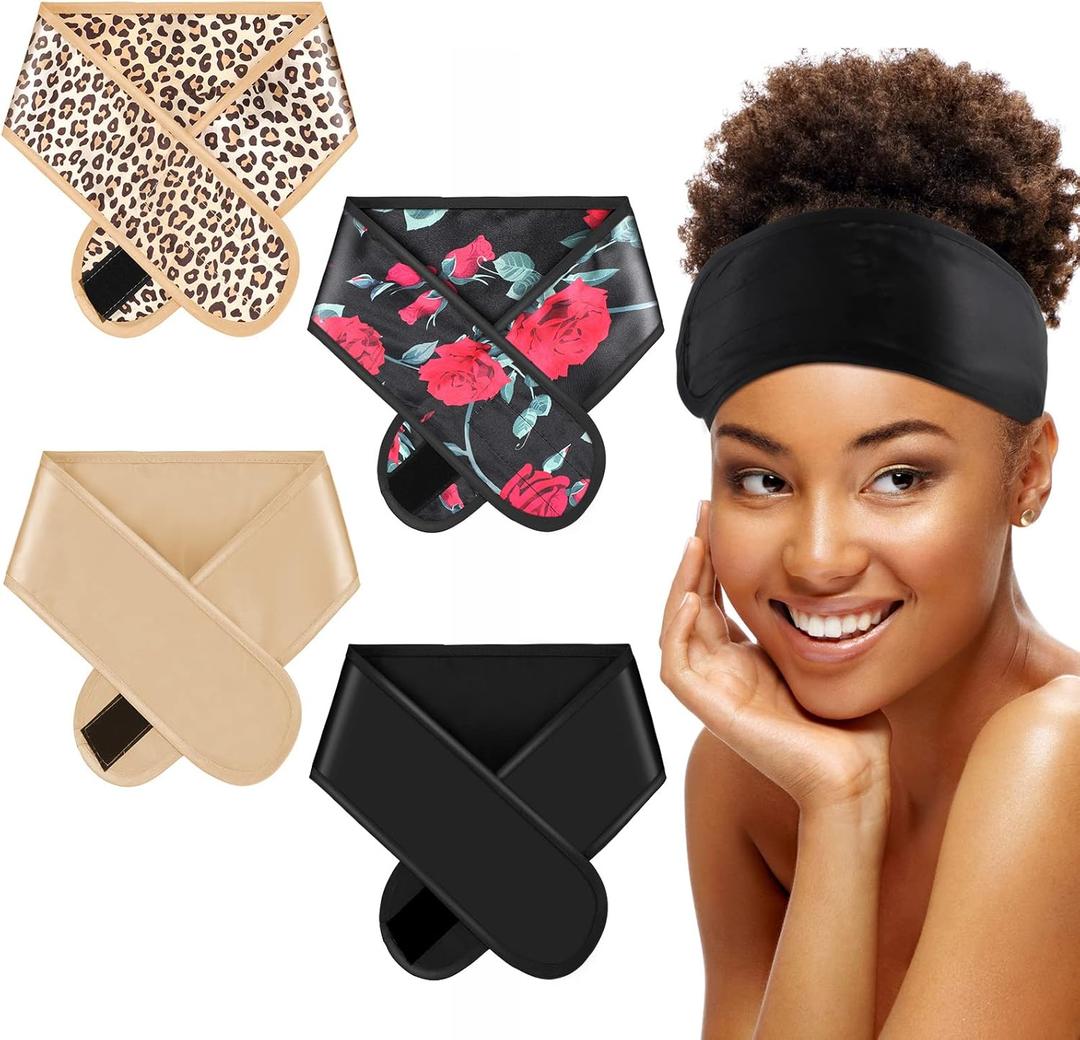 Eurzom 4 Pieces Satin Hair Wrap Scarf Satin Headband for Black Women's Adjustable Silk Hair Wraps for Sleeping Nonslip Strips (Black, Champagne, Leopard Print)