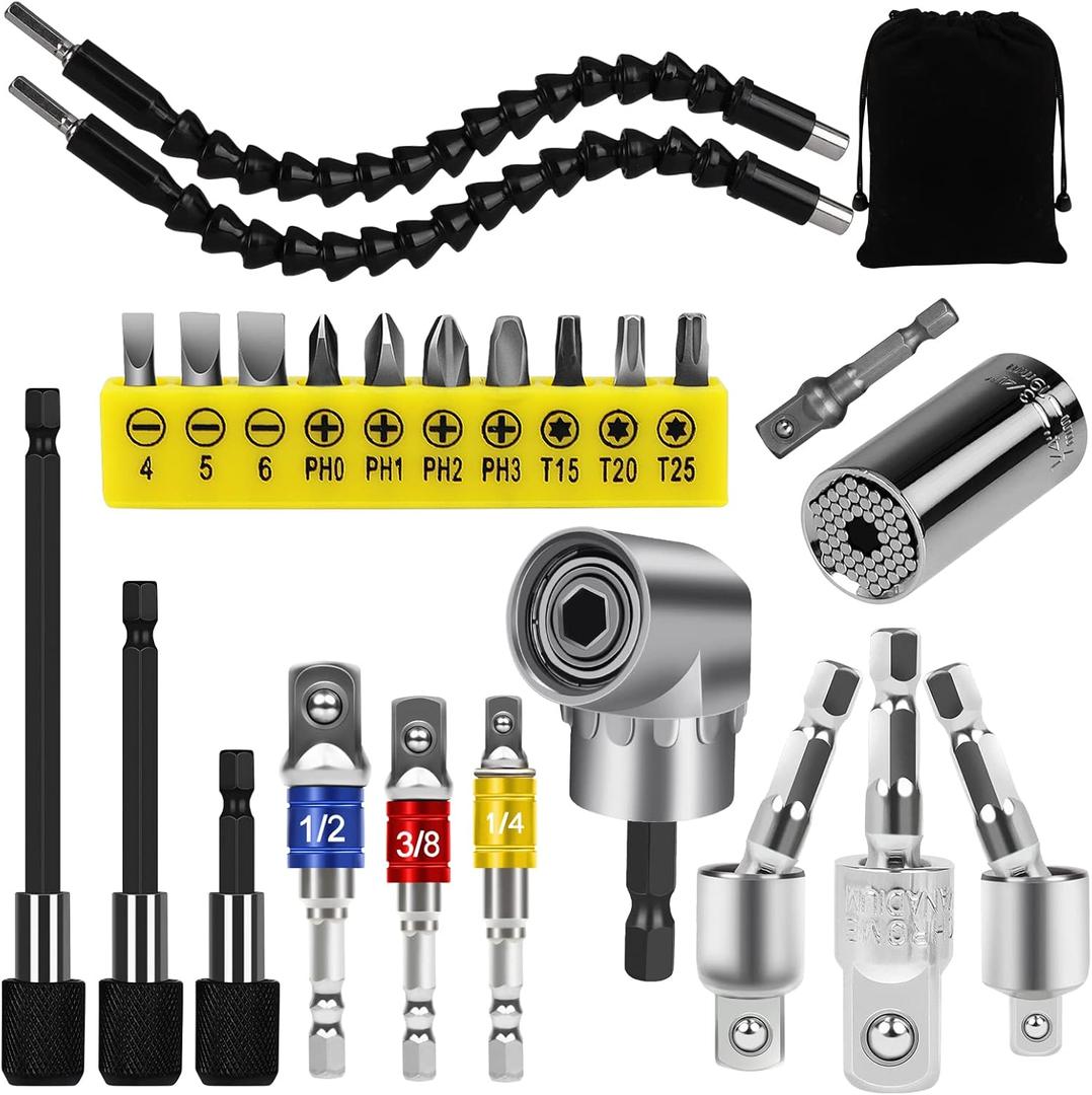 24pcs Flexible Drill Bit Extension Set, Hex Shank 105 Right Angle Drill Attachmen, Rotatable Joint Socket 1/4 3/8 1/2 In Hex Socket Adapter Bendable Drill-Bit-Extension Screwdriver Bit Kit (Yellow)