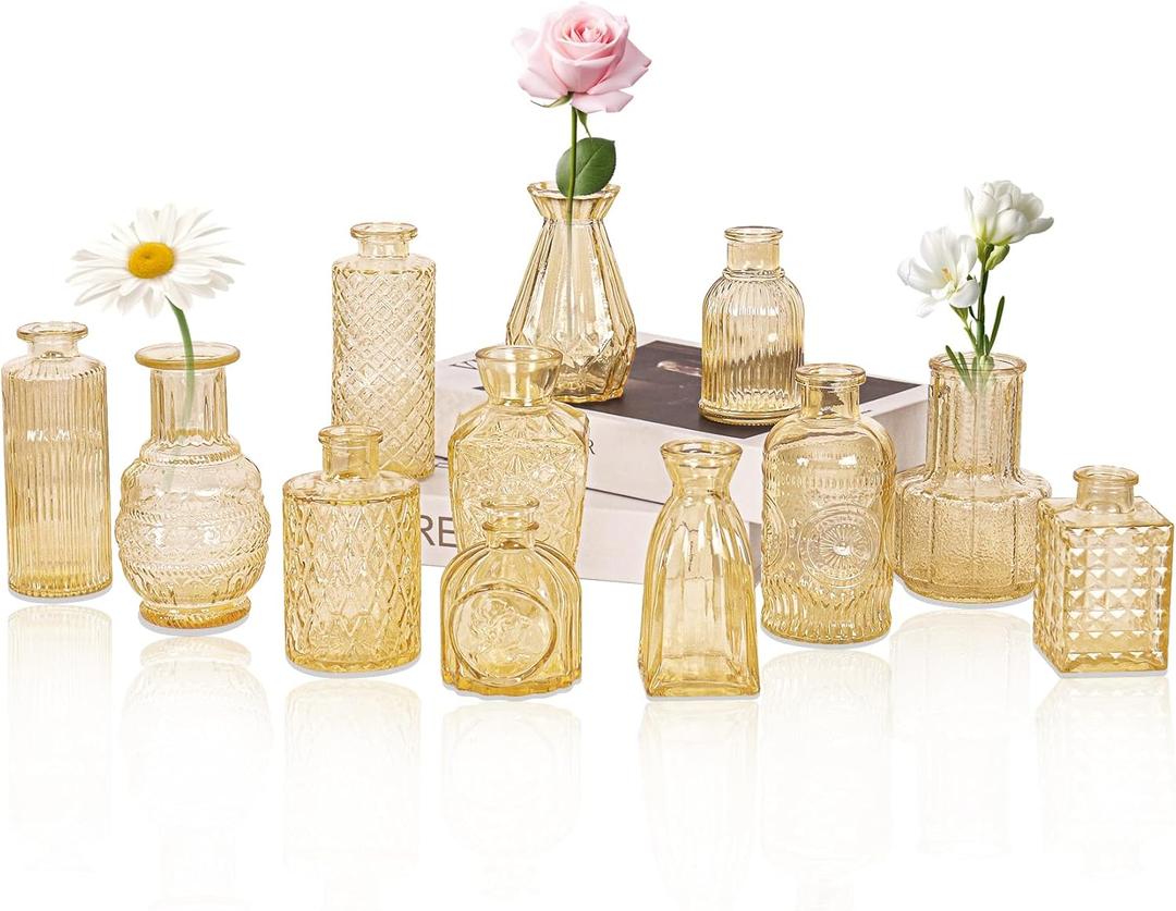 Set of 12 Glass Bud Vase Set, Small Vintage Clear Flower Vase Centerpieces for Table Bulk Cute Rustic Style Mini Vase for Home Decor Wedding Baby Shower Birthday Party(Champagne)