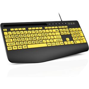 SABLUTE Large Print Computer Keyboards, Wired USB High Contrast with Wrist Rest, Phone Holder Oversized Print Letters Easy to Read for Visually Impaired Vision Individuals (Yellow+Black)