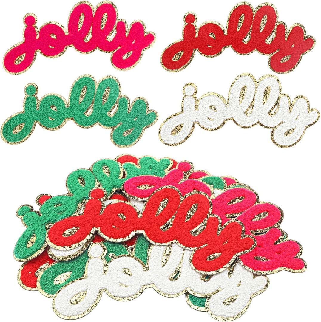 Chuangdi 12 Pcs Jolly Christmas Iron on Patches 7.8 Inch Sew on Chenille Letter Christmas Self Adhesive Chenille Embroidered Applique Patches for Clothing Crafts DIY Xmas Decor Supplies