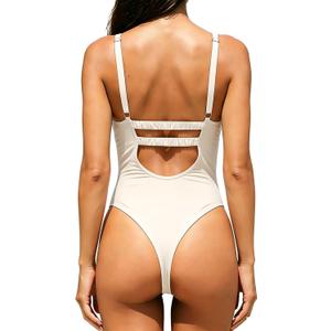 SherryDC Women's Sexy High Cut Thong One Piece Swimsuit V Neck Ruched Tummy Control Bathing Suit Swimwear, Large