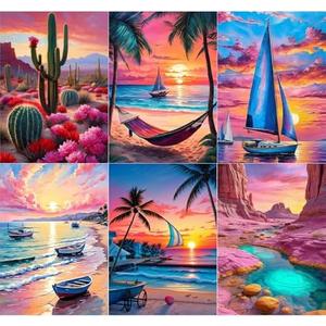 T.HENV Diamond Art Kits for Adults, 6 Packs Summer Beach Daimond Paint by Numbers Kit for Adults, 5D DIY Diamond Painting Kit, Crystal Gem Art Kits for Home Wall Deacor, Living or Bedroom, 12x16 inch