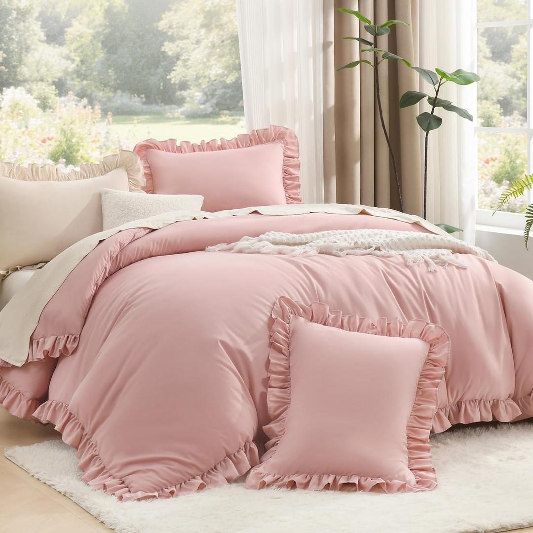 Litanika Twin Size Comforter Sets, 2 Pieces Blush Pink Ruffle Girls Women Cute Bedding Comforters & Sets, Lightweight Fluffy Microfiber as Gift (66x90In Comforter & 1 Pillowcase)