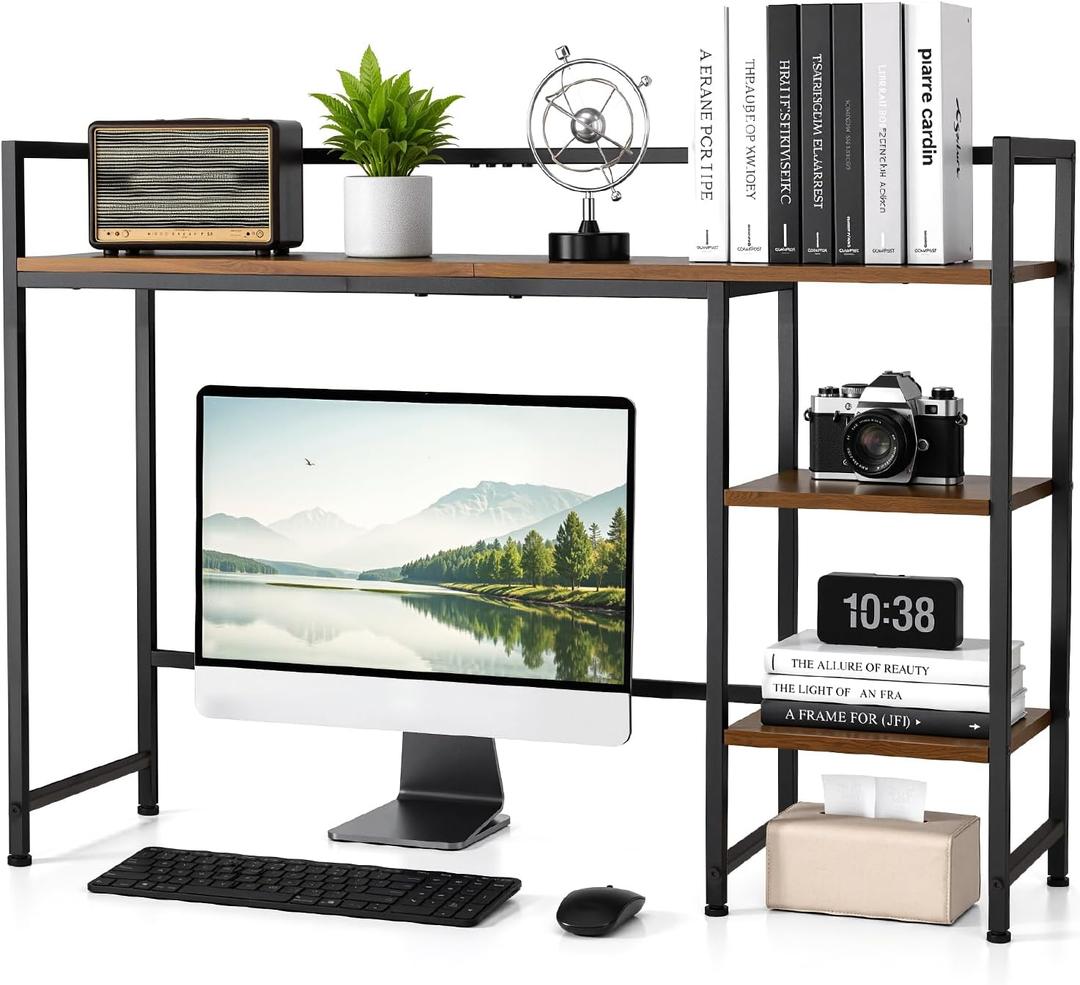 22" Desk Hutch for Computer Monitor - 3 Tier Wooden Shelf Organizer, Brown, 21.46 x 12 x 3.94 inches
