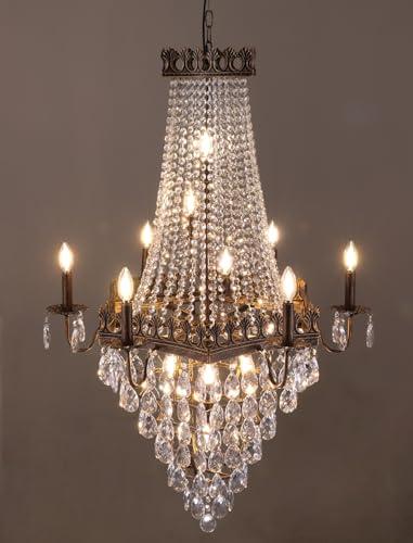 Wellmet French Empire Crystal Chandelier,13-Light Bronze Crystal Pendant Light,Farmhouse Vintage Chandelier Lighting for Living Room, Dining Room, Bedroom, Foyer
