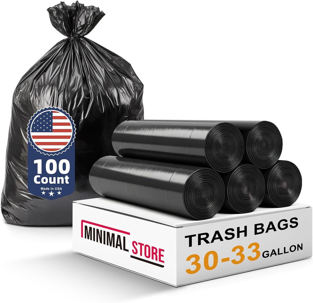 100 Pack, 30-33 Gallon Trash Bags, Medium Duty Black Garbage Bags 32"x38", Plastic Bolsas de Basura, Durable & Puncture-Resistant, Made in USA for Kitchen, Yard, Office