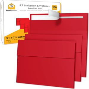 200 5x7 Red Invitation Envelopes - For 5x7 Cards - A7 - (5  x 7  inches) - Perfect for Weddings, Graduation, Baby Shower - 120 GSM - Peel, Press & Self Seal - Square Flap