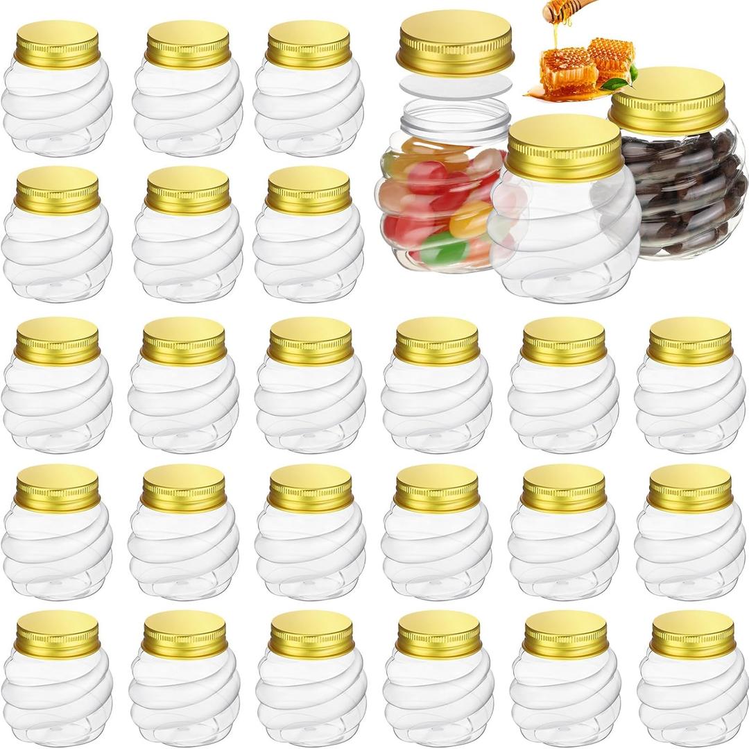 Suclain 25 Pcs 4 oz Mini Honey Jars Party Favors in Bulk Honeycomb Plastic Jars with Gold Lids Wide Mouth Canning Small Containers for Wedding Favors, Baby Shower DIY Gift Jelly Herb Jams Candy