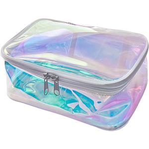 TPU Holographic Clear Makeup Bags Bulk,Clear Storage Bag Toiletry Pocket Portable Zippered Iridescent Pouch Waterproof Cosmetic travel Bags with white zipppe for Women