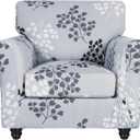 SearchI Stretch Sofa Cover Printed Couch Covers, Floral Pattern 2 Piece Armchair Slipcover with Separate Chair Cushion Cover, Washable Furniture Protector for Living Room(Armchair,Leaf Pattern) (Small)